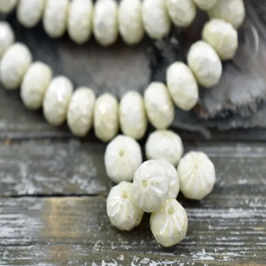 *25* 6x9mm Silver Mercury Washed Opaque Ivory Cruller Rondelle Beads {1}