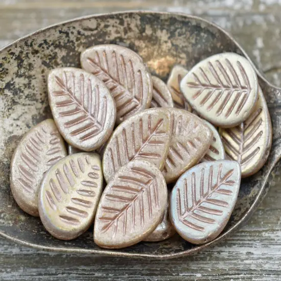 *15* 16x12mm Pink AB Washed Metallic Champagne Top Drilled Dogwood Leaf Beads {1}