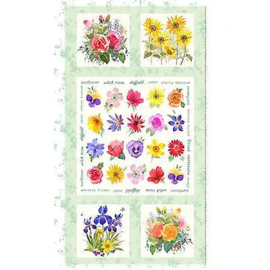 Flower Shop Floral Panel Mint Green 24x44 inch Cotton Fabric Clothworks {2}