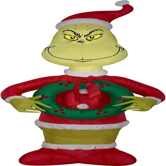 4' Gemmy Airblown Inflatable Grinch Dressed As Santa Holding A Christmas Wreath 111088 {1}