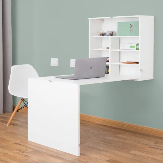 Wall Mount Laptop Fold-out Desk with Shelves White {4}