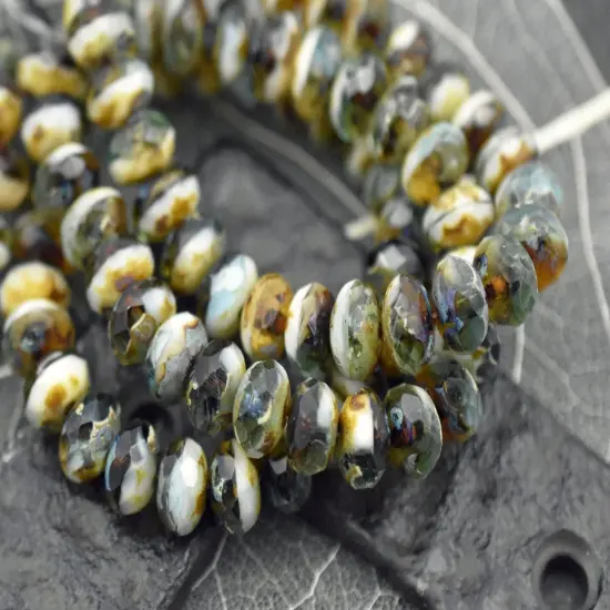 *25* 6x8mm Aqua Beige Topaz Picasso Blended Fire Polished Round Beads {5}