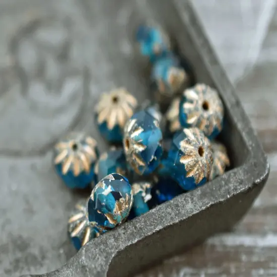 *25* 6x9mm Etched Gold Washed Pacific Blue Cruller Rondelle Beads {2}