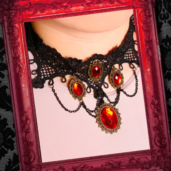 Gothic Vampire Jewelry Set - Black Lace Choker with Red Rhinestone Earrings Pirate Accessories Set for Women and Girls {2}