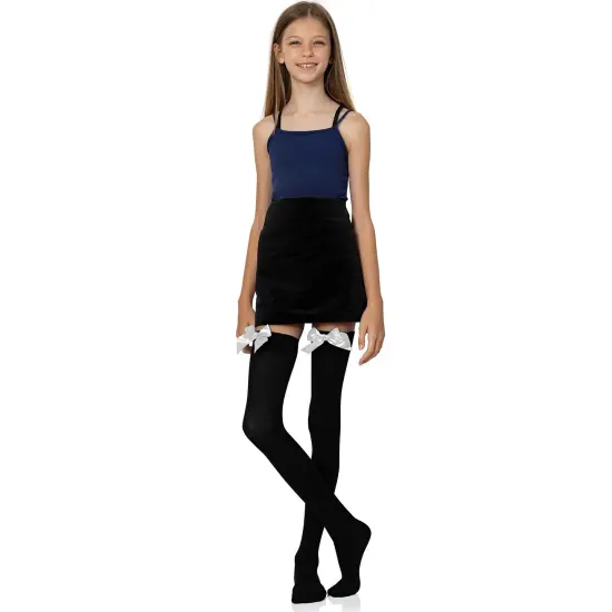 Bow Accent Thigh Highs - Black Over the Knee High Stockings with White Satin Ribbon Bow Accent for Women and Girls {2}