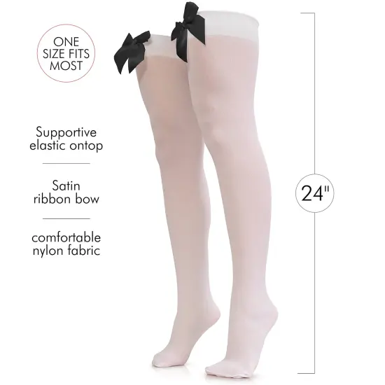 Bow Accent Thigh Highs - White Over the Knee High Stockings with Black Satin Ribbon Bow Accent for Women and Girls {3}