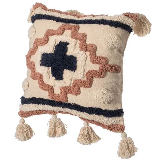 16" Handwoven Cotton Throw Pillow Cover with Tufted designs and Side Tassels {2}