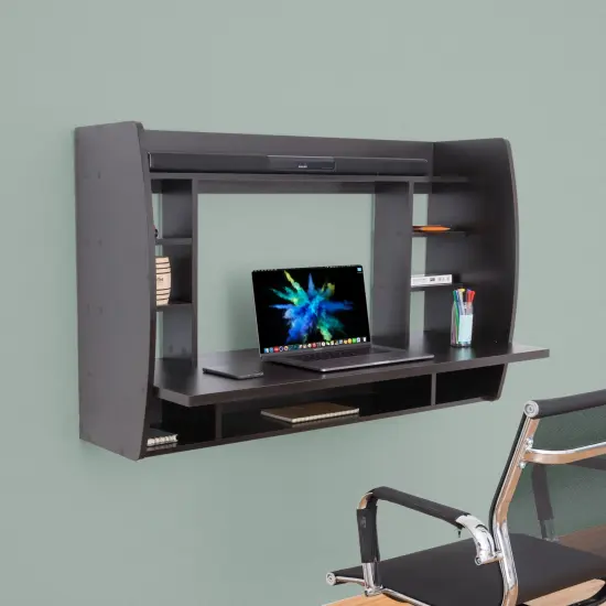 Versatile Wall Mount Floating Computer Desk - Stylish and Space-Saving Writing Study Table with Shelves - Ideal for Living Room, Bedroom, and Home Office Black {2}