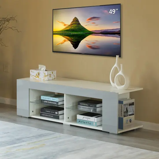 White Entertainment TV Stand with LED Lights and Glass Shelves with UV Frame {2}