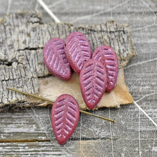 *15* 16x12mm Pink Washed Golden Lustered Red Top Drilled Leaf Beads {1}