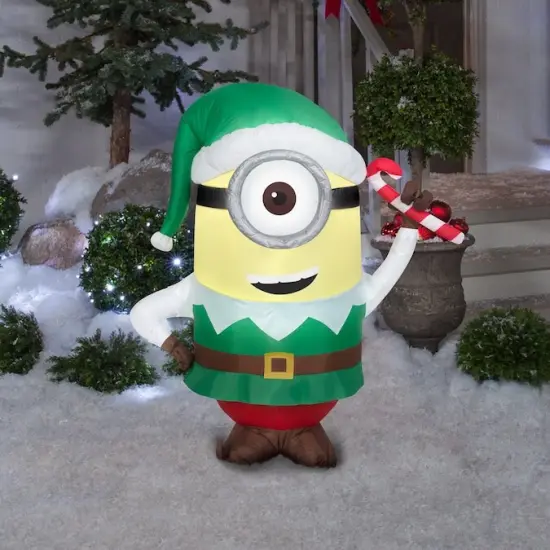 3.5' Gemmy Airblown Minion Stuart as Christmas Elf w/ Candy Cane 118992 {2}
