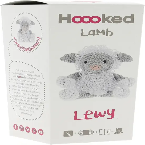 Hoooked Amigurumi DIY Kit W/Eco Barbante Yarn-Lamb Lewy - White & Grey {2}