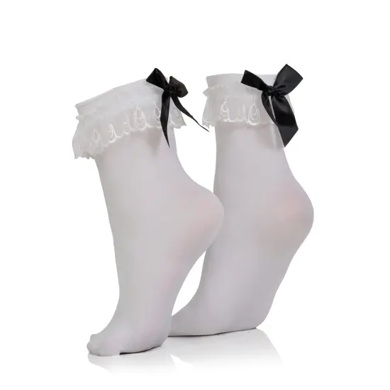 White Ruffled Anklet Socks - Frilly White Opaque Lace Ruffles Top Trim Bobby Sock With Black Satin Back Bow {1}