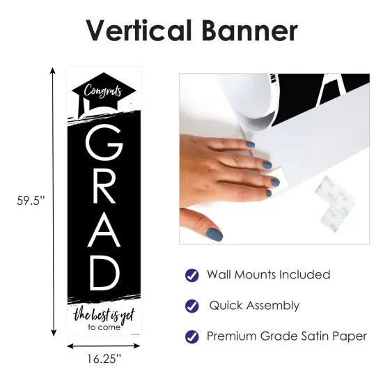 Big Dot of Happiness Black and White Graduation Party Door Decoration - Vertical Banner {4}