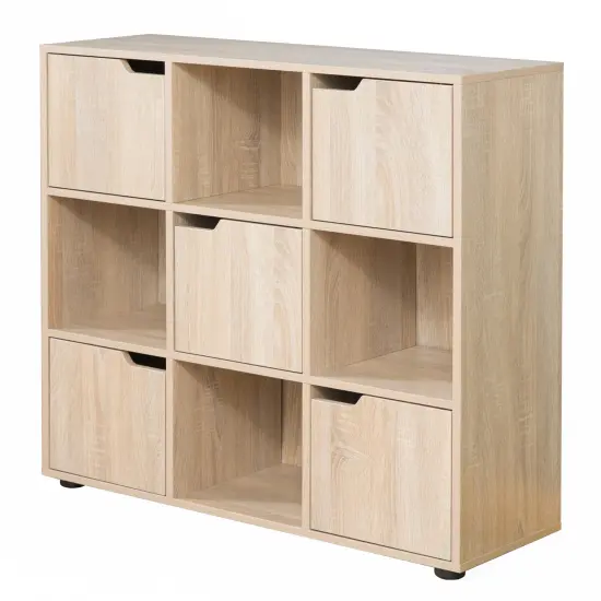 9 Cube Wooden Organizer With 5 Enclosed Doors and 4 Shelves Oak {7}