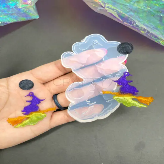 Witch on Broom Dangle Earring Silicone Mold(C5) {1}