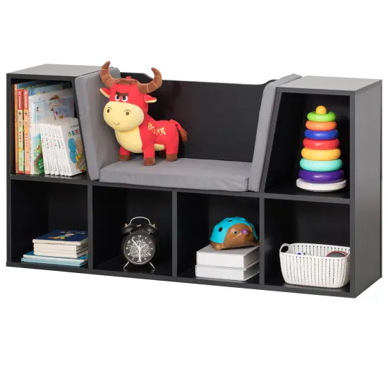 Modern Multi-Purpose Bookshelf with Storage Space and Gray Cushioned Reading Nook Black {1}