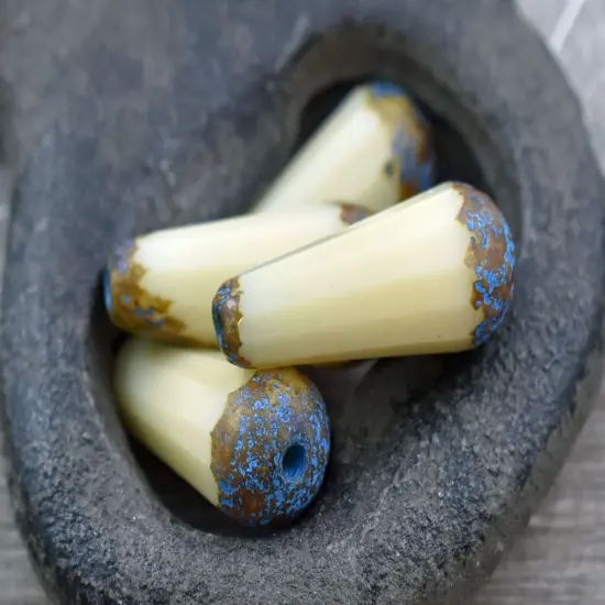 *6* 8x20mm Turquoise Etched Opaque Beige PIcasso Faceted Drop Beads {3}