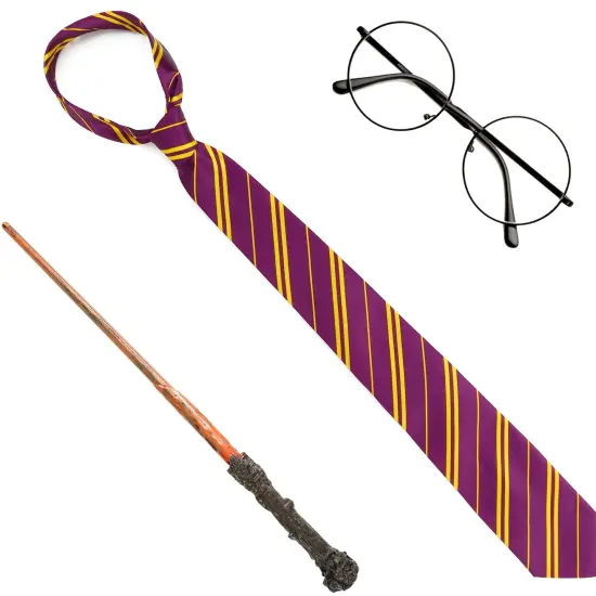Skeleteen Wizard Costume Accessories Set - Nerd Circle Glasses, Red and Gold Tie and a Magic Wand Accessory Set for Kids and Adults {1}