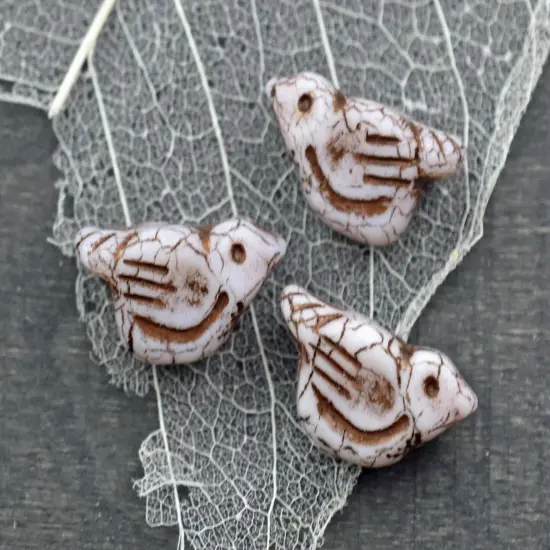 *6* 11x22mm Dark Bronze Washed Opaque Matte Winter White Bird Beads {3}