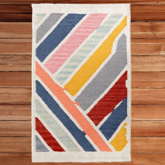 Handwoven Multicolored Abstract Stripes Wool Flatweave Kilim Rug, 2' x 3' {1}