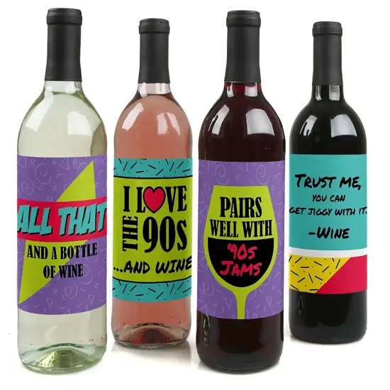 Big Dot of Happiness 90's Throwback - 1990s Wine Party Decorations for Women and Men - Wine Bottle Label Stickers - Set of 4 {1}