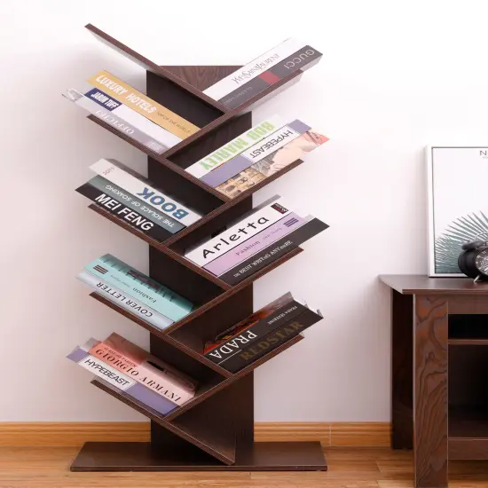Wooden 9-Shelf Tree Magazine CD Storage Bookcase Brown {2}