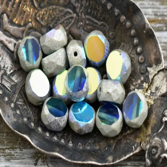 *15* 8mm Antique Silver Washed Sapphire Aqua AB 2 Cut Fire Polished Faceted Round Beads {3}