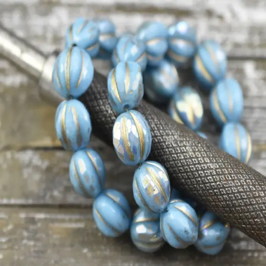 *10* 10mm Gold Washed Sky Blue AB Faceted Round Melon Beads {2}