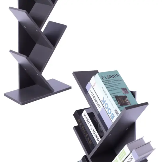 Wooden 9-Shelf Tree Magazine CD Storage Bookcase Gray {4}