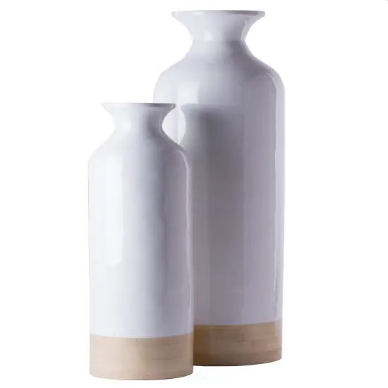 Elegant Black or White Cylinder Shaped Tall Spun Bamboo Floor Vases, Embellished with a Glossy Lacquer, and Enhanced with Natural Bamboo Finish - Stylish Home Decor, Heights of 31 and 23.5 Inches Set of 2 White {3}