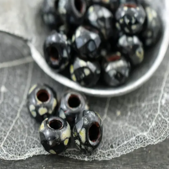 *25* 5x8mm Jet Picasso Faceted Large Hole Rondelle Roller Beads {1}