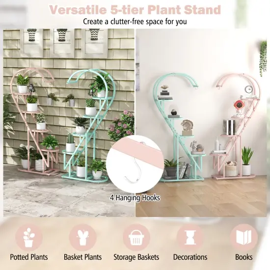 5 Tier Metal Plant Stand With Hanging Hook For Multiple Plants Pink {6}