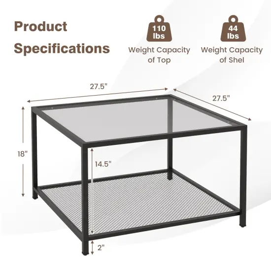 Modern 2-tier Square Glass Coffee Table With Mesh Shelf Grey {5}
