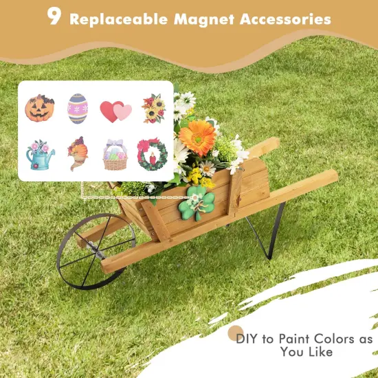 Wooden Wagon Planter With 9 Magnetic Accessories For Garden Yard Walnut {3}