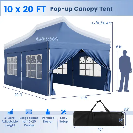 10 X 20 Ft Pop Up Canopy With 6 Sidewalls And Windows And Carrying Bag For Party Wedding Picnic Blue {4}