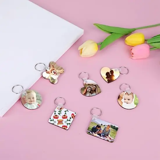 135 Pieces Sublimation Keychain Blanks Bulk,MDF Keychain Double Sided Heat Transfer Keychain Board with Film,Key Rings, Plastic Retaining Clips for DIY and Craft(Round, Rectangle, Bone, Square, Heart) {4}