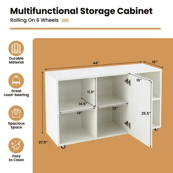 Wood Storage Cabinet with Wheels and 6 Compartments White {4}