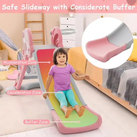 3-in-1 Folding Slide Playset With Basketball Hoop And Small Basketball Pink {6}