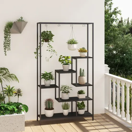 6-tier Tall Plant Stand 71" Metal Indoor Plant Shelf With 10 Hanging Hooks Black {5}