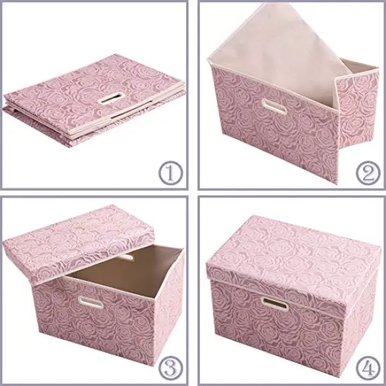 PRANDOM Larger Collapsible Storage Boxes with Lids Fabric Decorative Bins Cubes Organizer Containers Baskets Handles Divider for Bedroom Closet Living Room Pink 17.7x11.8x11.8 Inch 3 Pack {4}