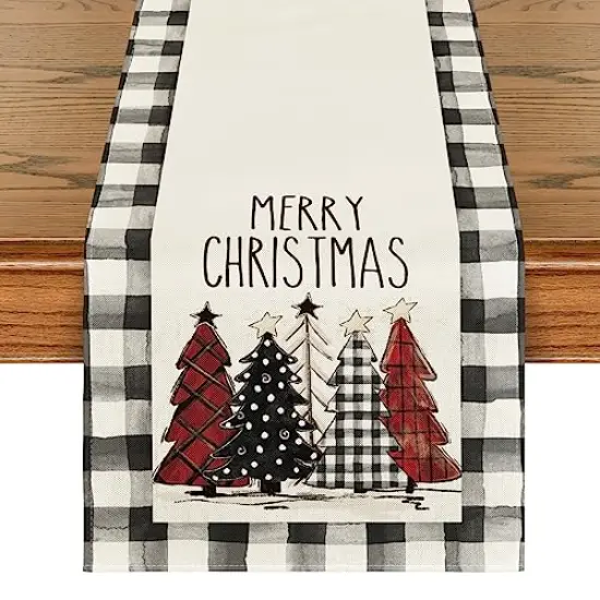 Waterclor Buffalo Plaid Christmas Trees Merry Xmas Table Runner, Seasonal Winter Holiday Kitchen Dining Table Decoration for Indoor Outdoor Home Party Decor 13 x 72 Inch {1}