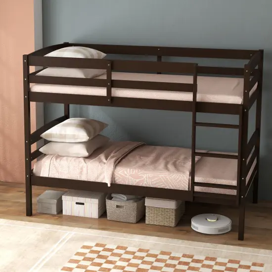 Twin Over Twin Bunk Bed, Solid Wood, Detachable and Safe Design Espresso {2}
