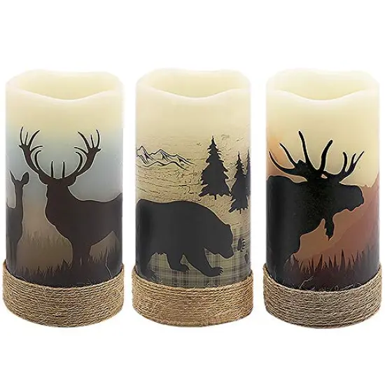 Flameless Flickering Led Candles with Hemp Rope and 6H Timer, Battery Operated Set of 3 Real Wax Pillar Rustic Candles Warm Light with Deer, Moose, Bear Decals Decor Christmas Home(D3 x H6) {3}