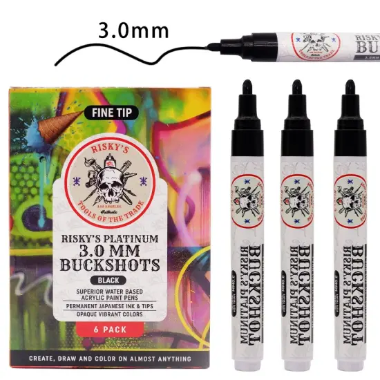Risky's Tools of the Trade Platinum 3mm 6 Pack of Black Acrylic Paint Pens for Graffiti or Fine Art {2}