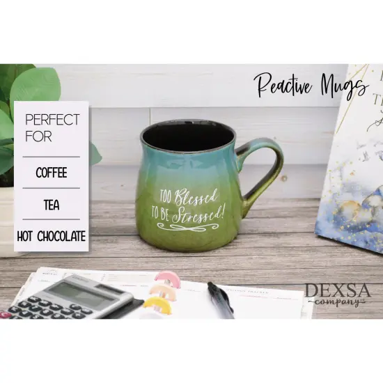 Dexsa Blessed Coffee Tea Soup Ceramic Mug | Too blessed to be stressed! | 16 ounce Designer Mug with Inspiring Sentiment | Elegant Pottery Look {2}