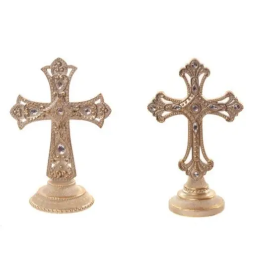 9" Gold Jeweled Cross on Base &ndash; Elegant Religious Christmas Decor {1}