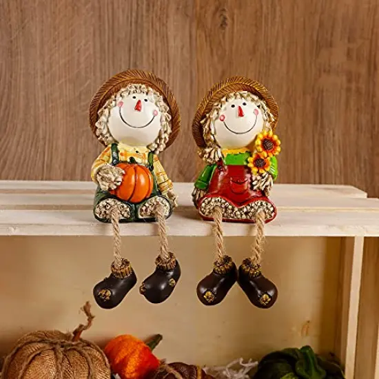 Fall Figurines, Set of 2 Resin Scarecrow Shelf Sitters with Dangling Legs, Fruit Harvest Sculpture for Window Sill Kitchen Tabletop Autumn Home Decoration {1}