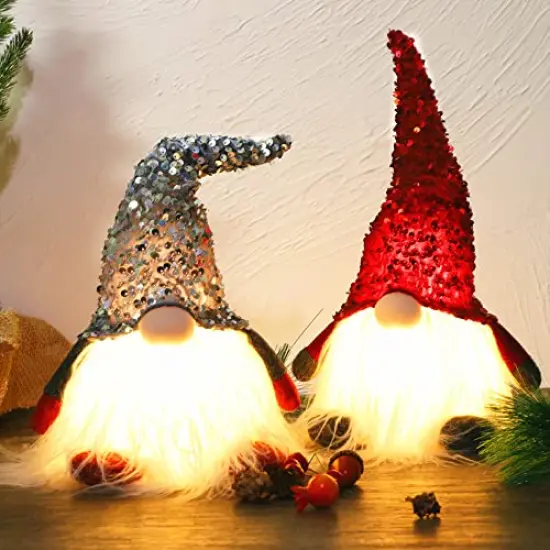 12" Lighted Christmas Gnome, Handmade Sequins Hat Scandinavian Swedish Tomte, Light Up Plush Elf Toy Holiday Present, Battery Operated Winter Tabletop Christmas Decorations, 2 Set {2}