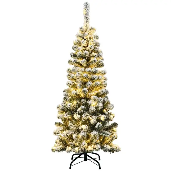 4.5 Feet Pre-Lit Snow Flocked Pencil Christmas Tree with 150 LED Light {1}